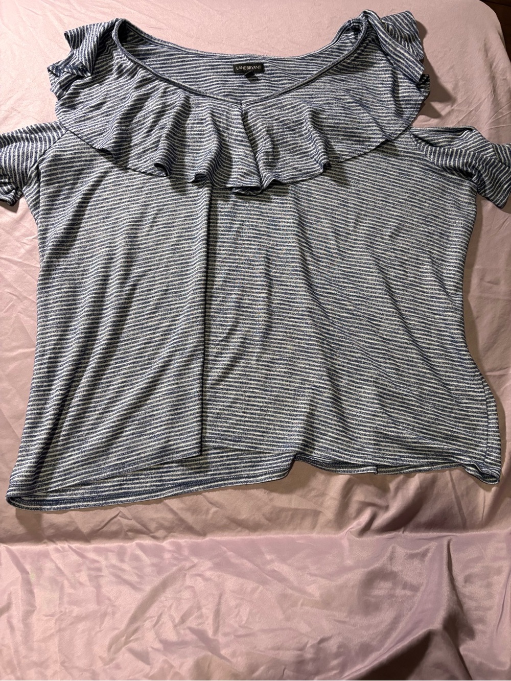 Lane Bryant Blue & White Striped Ruffle Cold-Shoulder Top